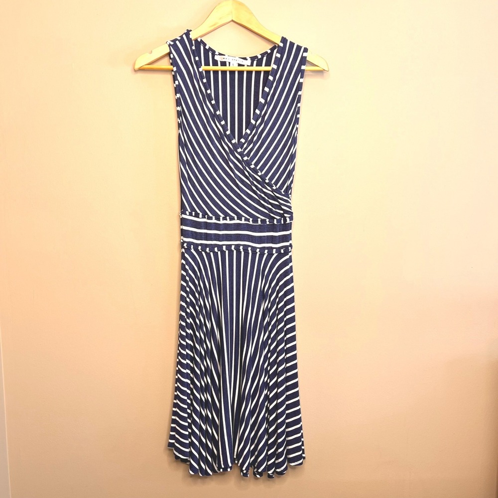 MAX‎ STUDIO Navy White Stripe V Neck Sleeveless Midi Wrap Dress Size S